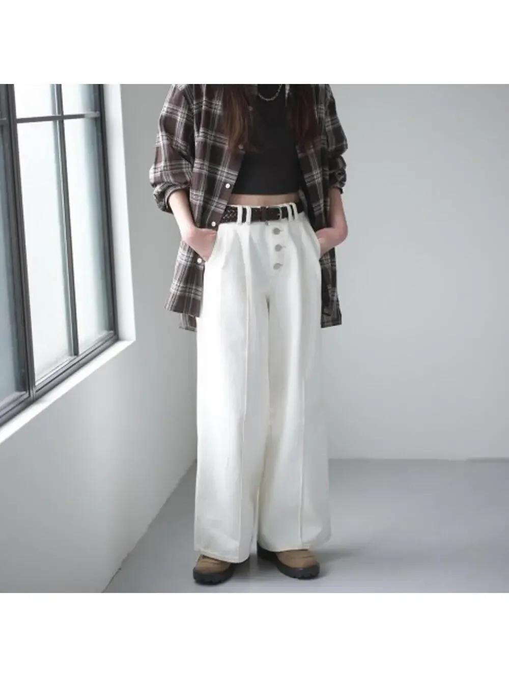 Uniqlo GU 100% Cotton Button Front Wide Leg Jeans by rokh NWT Off White Small